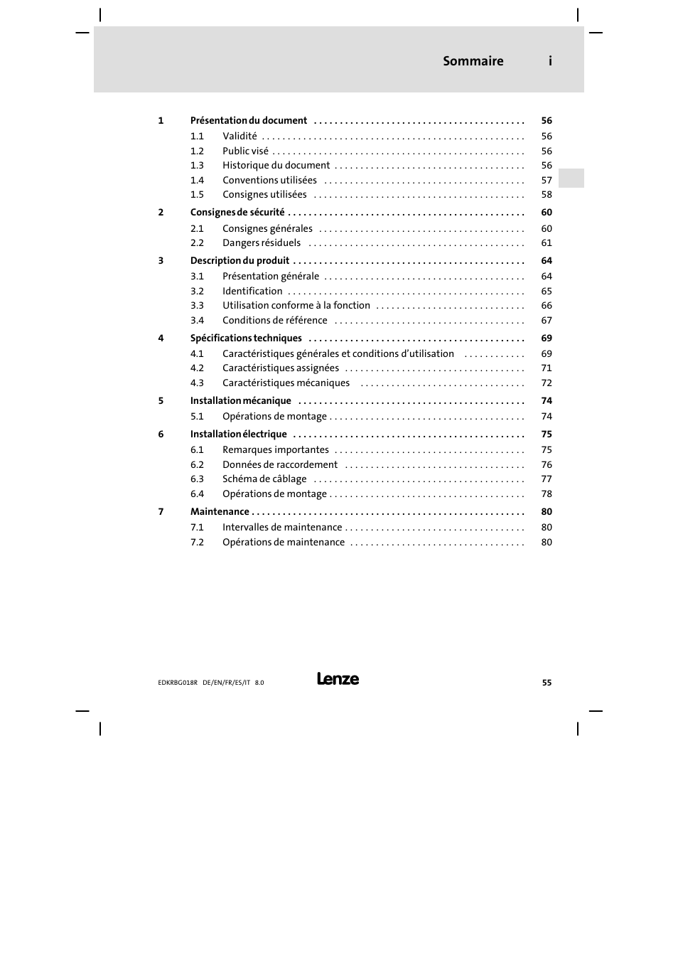Sommaire, Sommaire i | Lenze ERBGxxxxxxxx User Manual | Page 55 / 134