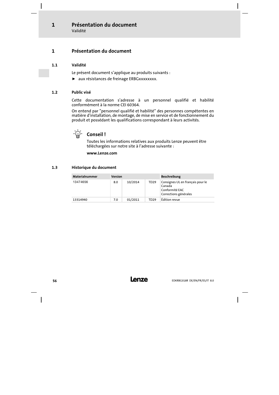 Présentation du document, Validité, Public visé | Historique du document | Lenze ERBGxxxxxxxx User Manual | Page 56 / 134