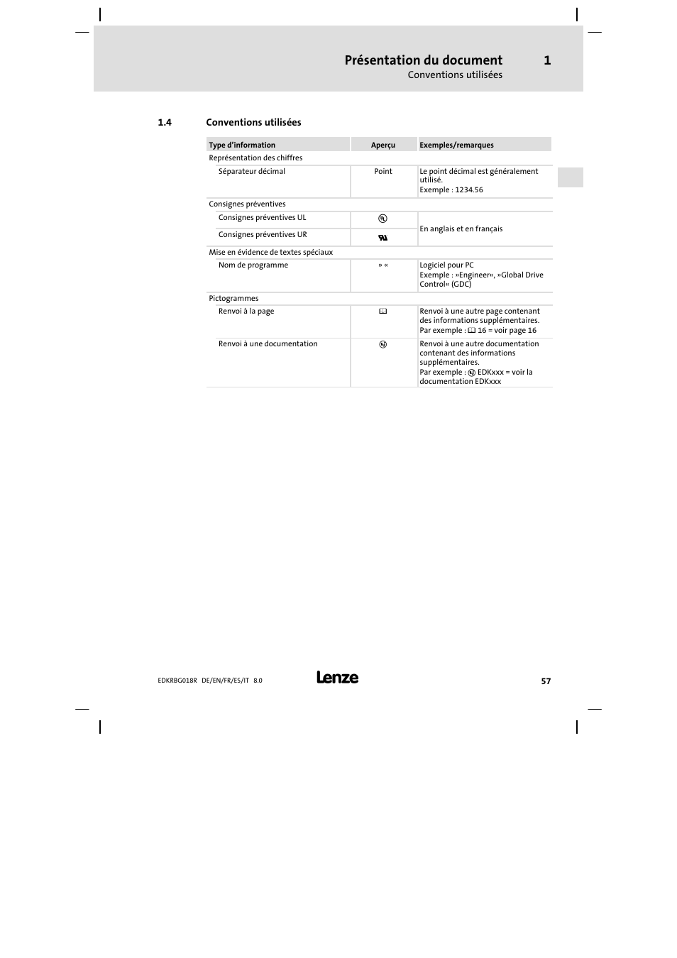 Conventions utilisées, Présentation du document | Lenze ERBGxxxxxxxx User Manual | Page 57 / 134