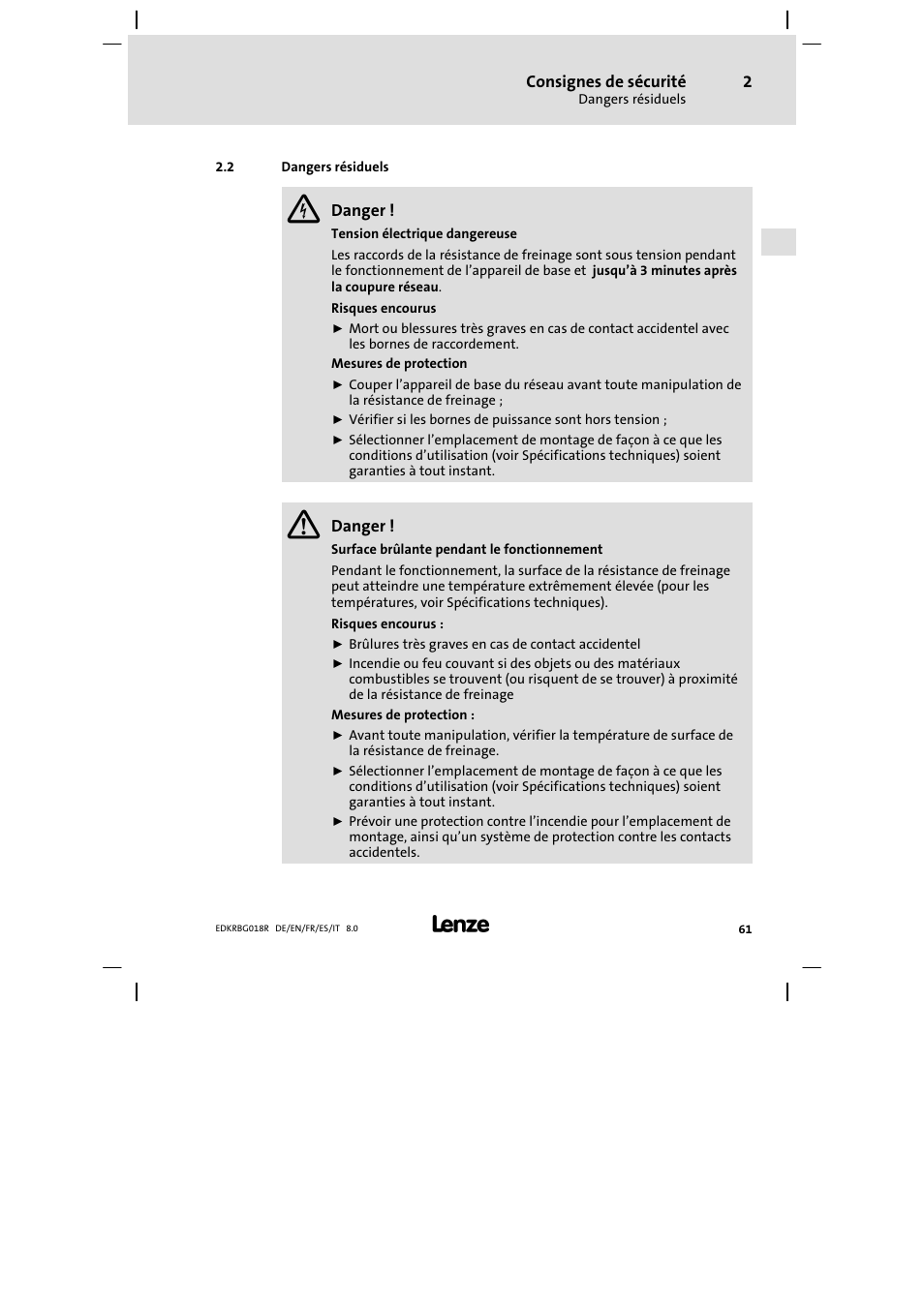 Dangers résiduels | Lenze ERBGxxxxxxxx User Manual | Page 61 / 134