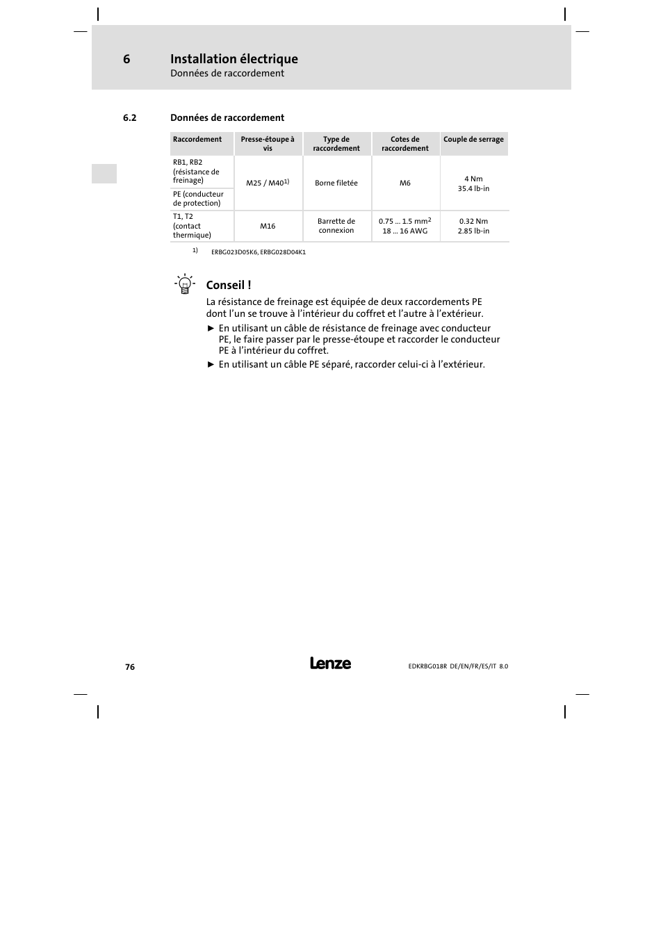 Données de raccordement, Installation électrique, Conseil | Lenze ERBGxxxxxxxx User Manual | Page 76 / 134