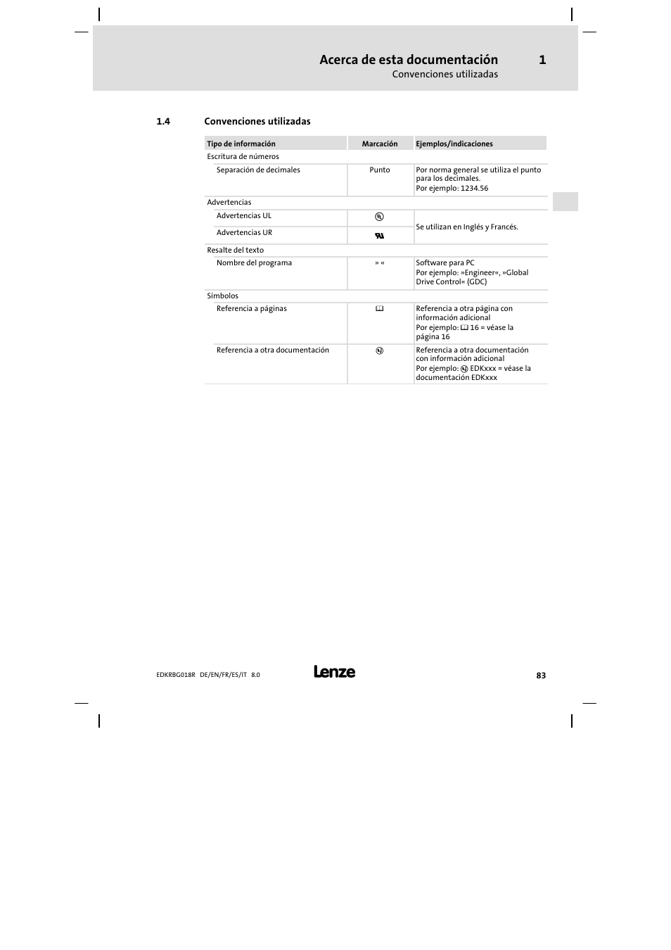 Convenciones utilizadas, Acerca de esta documentación | Lenze ERBGxxxxxxxx User Manual | Page 83 / 134