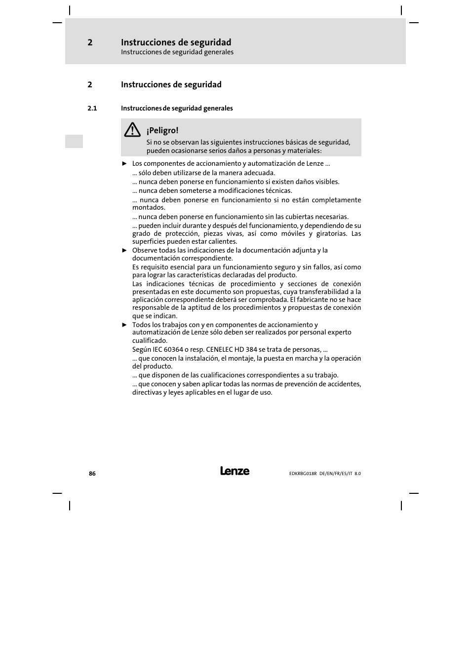 Instrucciones de seguridad, Instrucciones de seguridad generales | Lenze ERBGxxxxxxxx User Manual | Page 86 / 134