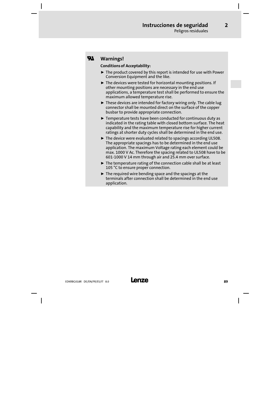 Instrucciones de seguridad | Lenze ERBGxxxxxxxx User Manual | Page 89 / 134