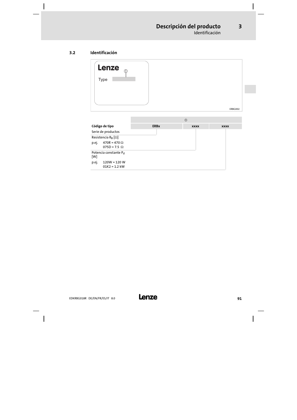 Identificación, Lenze, Descripción del producto | Lenze ERBGxxxxxxxx User Manual | Page 91 / 134