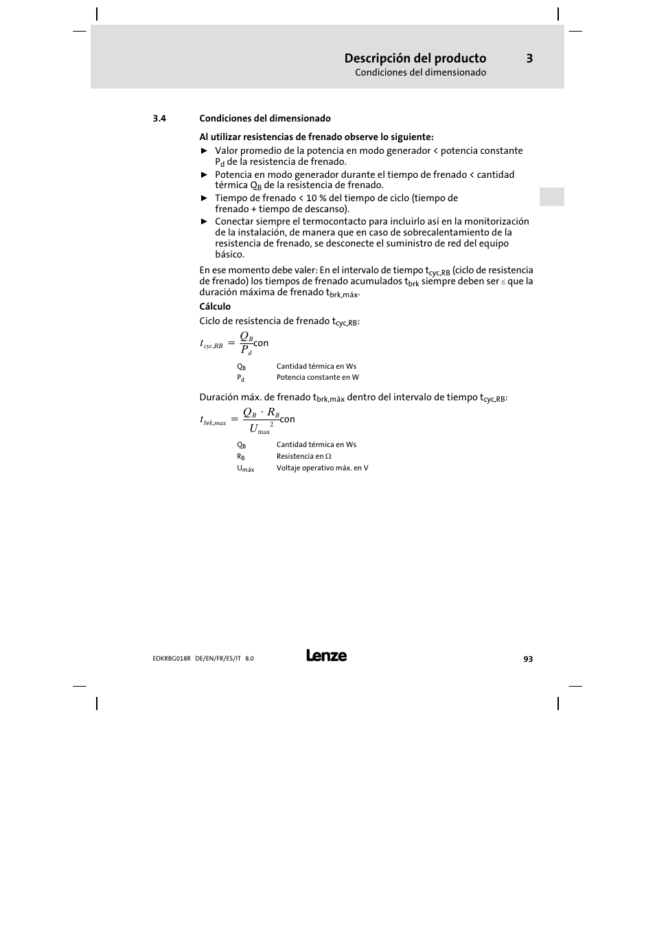 Condiciones del dimensionado, Descripción del producto | Lenze ERBGxxxxxxxx User Manual | Page 93 / 134