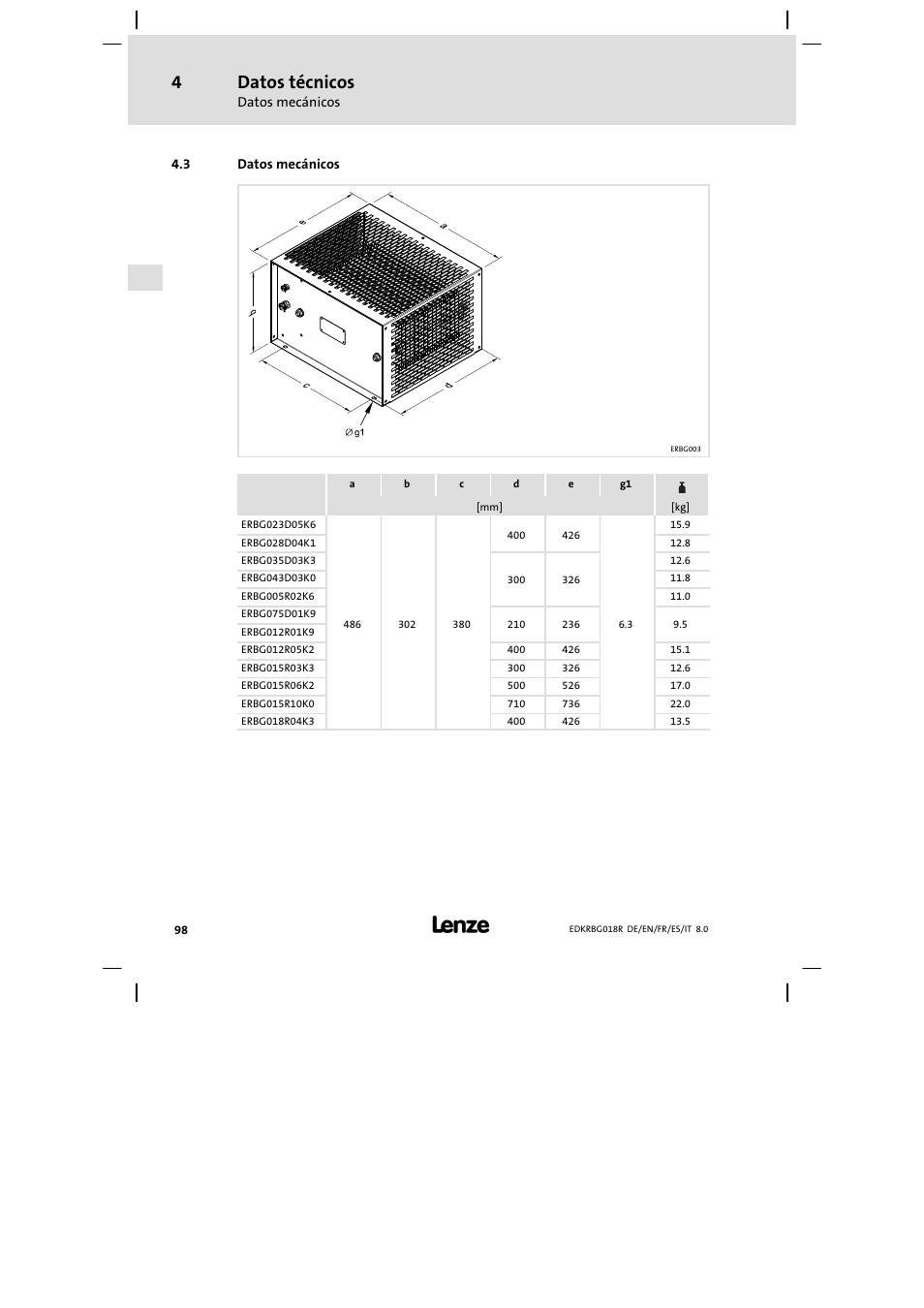 Datos mecánicos, Datos técnicos | Lenze ERBGxxxxxxxx User Manual | Page 98 / 134