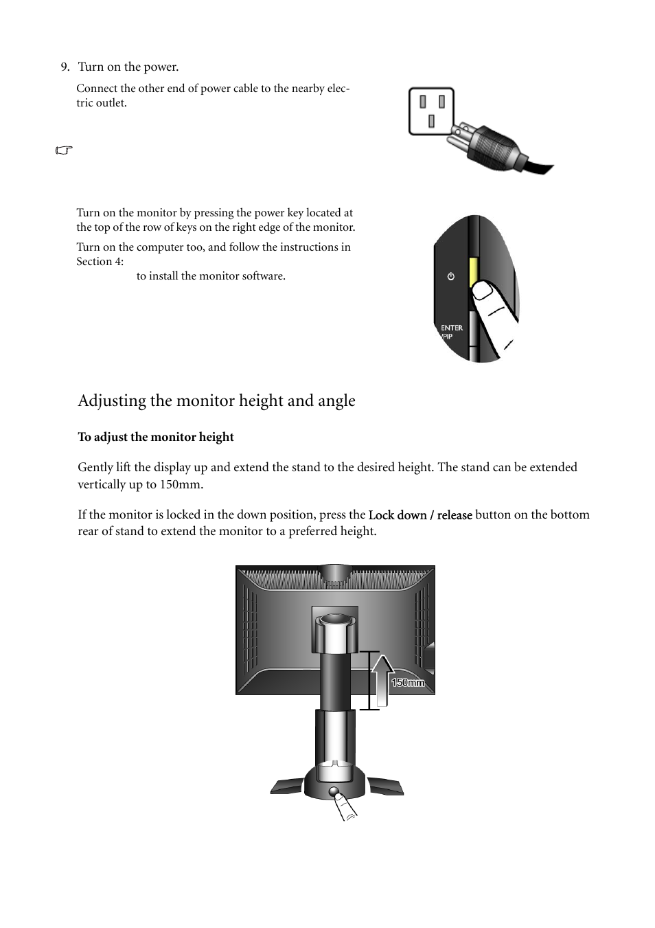 Adjusting the monitor height and angle | BenQ FP241W User Manual | Page 12 / 46