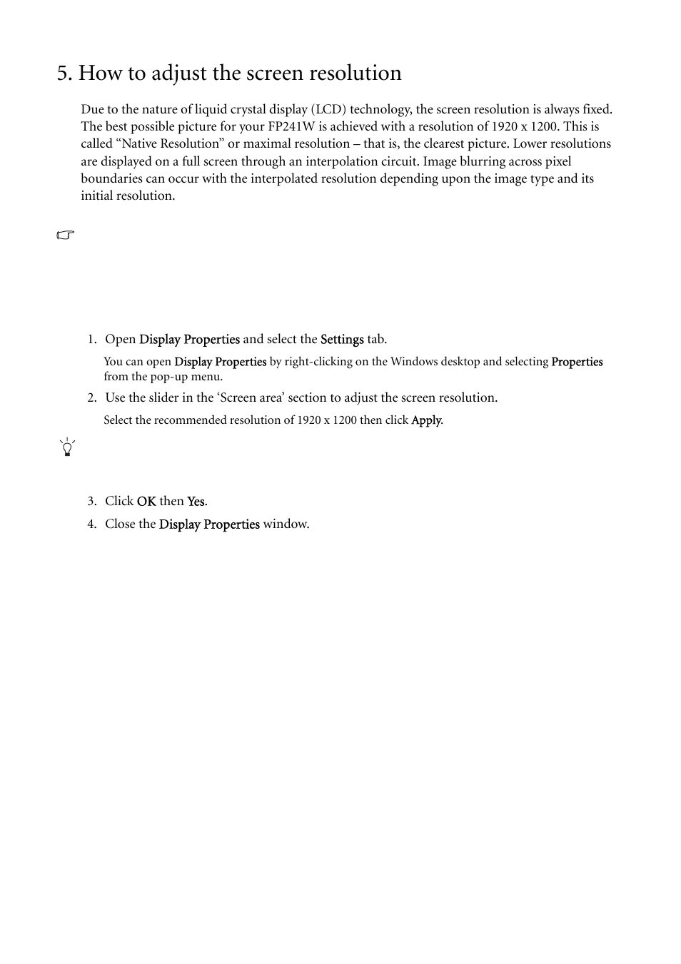 How to adjust the screen resolution | BenQ FP241W User Manual | Page 24 / 46