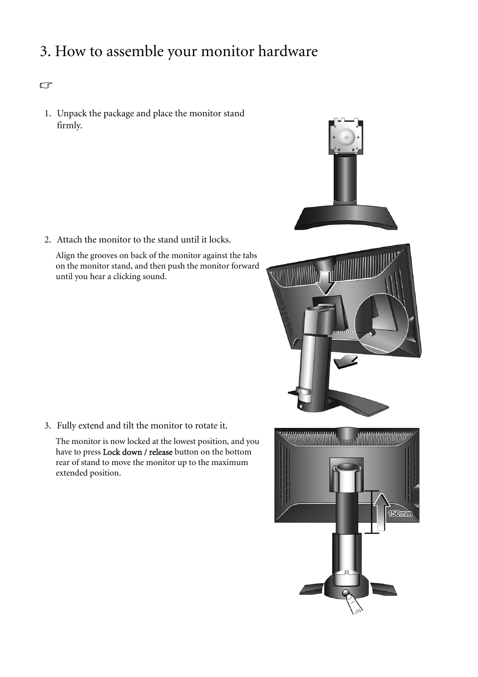 How to assemble your monitor hardware | BenQ FP241W User Manual | Page 8 / 46