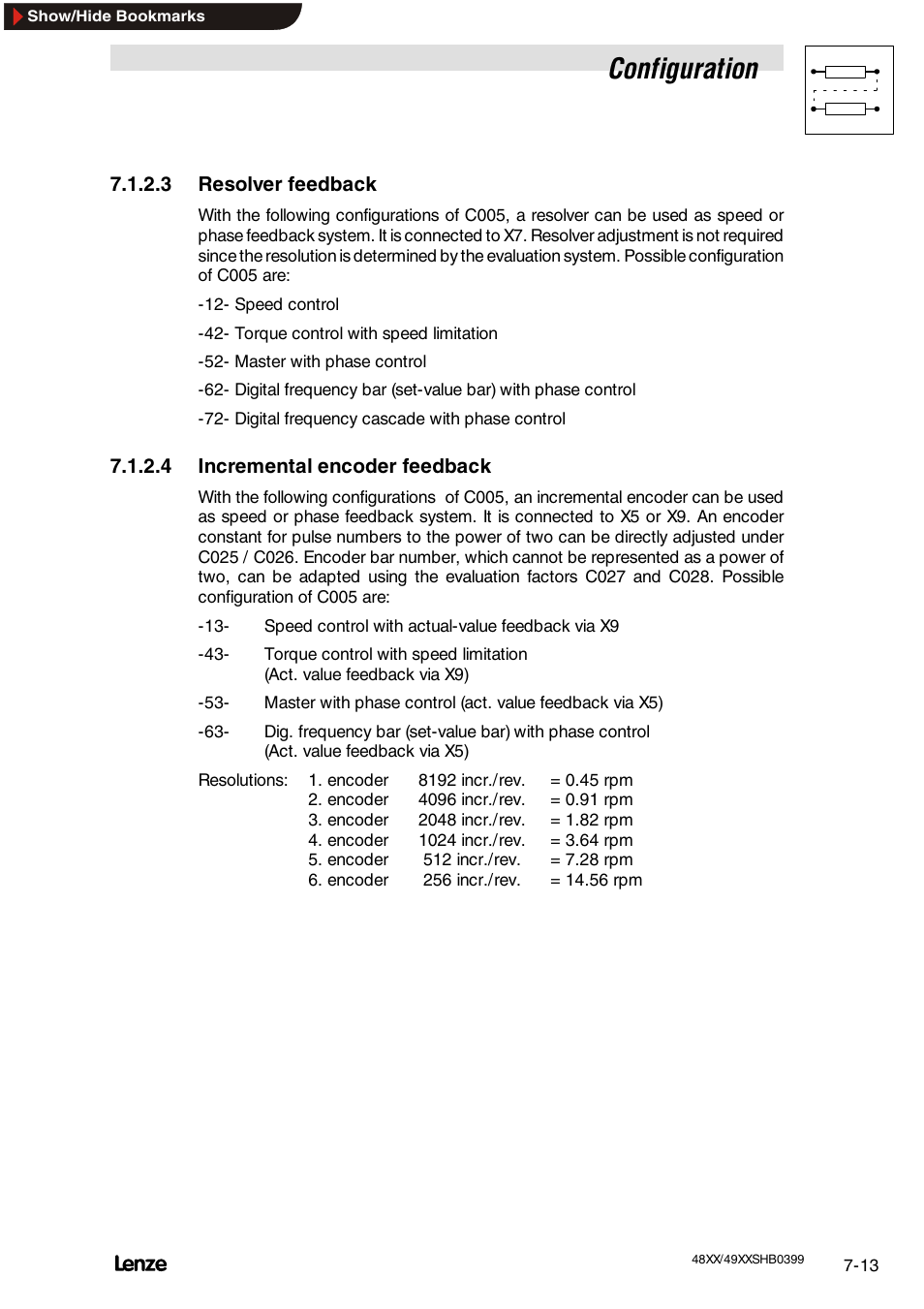 3 resolver feedback, 4 incremental encoder feedback, Resolver feedback | Incremental encoder feedback, Configuration | Lenze EDS4900U-REG User Manual | Page 104 / 342