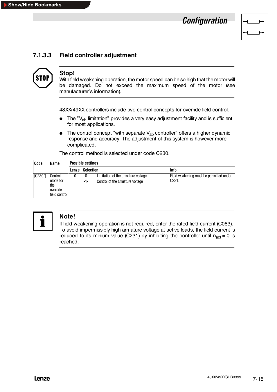 3 field controller adjustment, Configuration, 3 field controller adjustment stop | Lenze EDS4900U-REG User Manual | Page 106 / 342