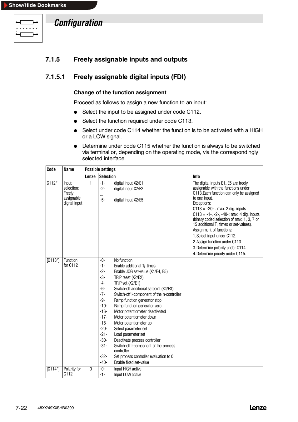 5 freely assignable inputs and outputs, 1 freely assignable digital inputs (fdo), Configuration | Lenze EDS4900U-REG User Manual | Page 113 / 342
