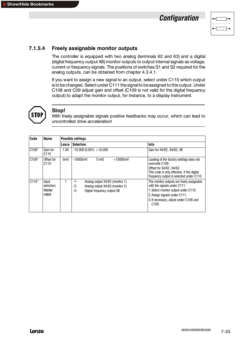 4 freely assignable monitor outputs, Configuration, Stop | Lenze EDS4900U-REG User Manual | Page 124 / 342