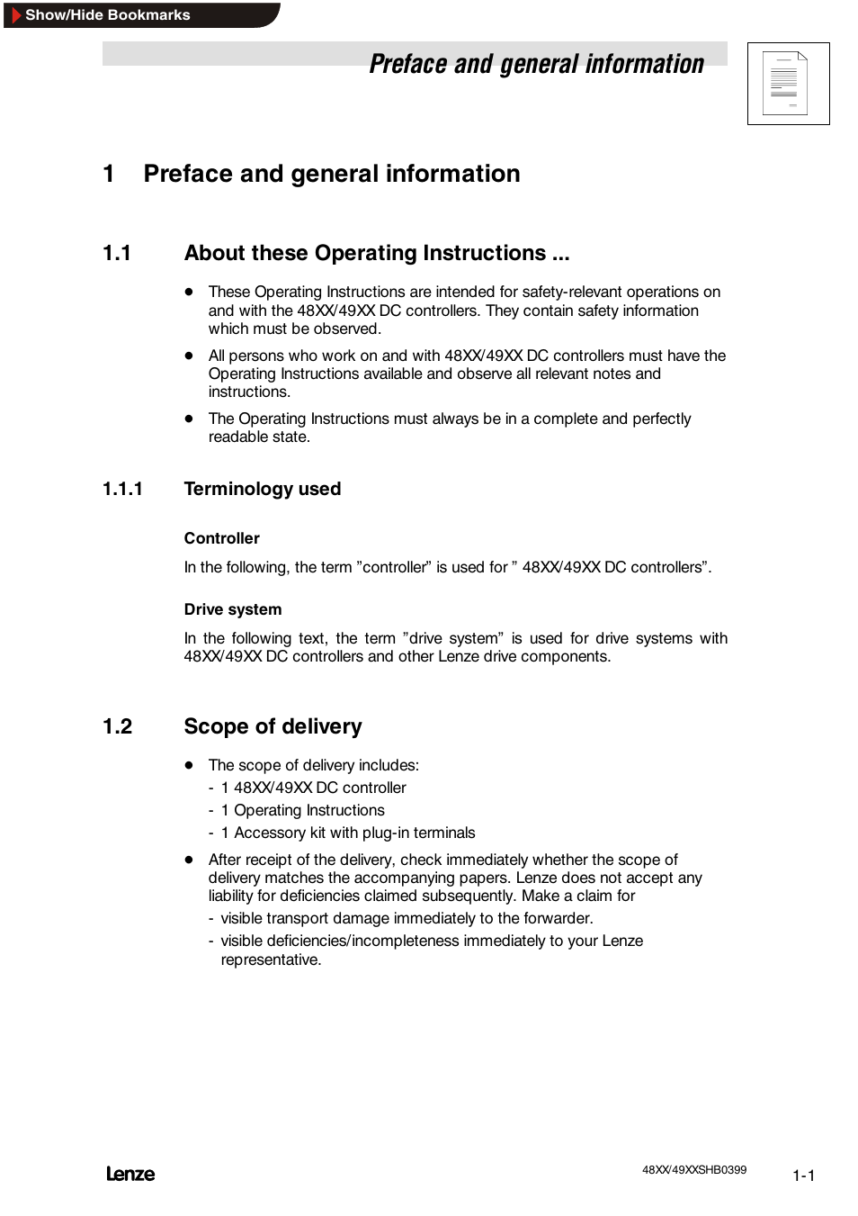 1 preface and general information, 1 about these operating instructions, 1 terminology used | 2 scope of delivery, Preface and general, Information, Preface and general information, About these operating instructions, Terminology used, Scope of delivery | Lenze EDS4900U-REG User Manual | Page 13 / 342