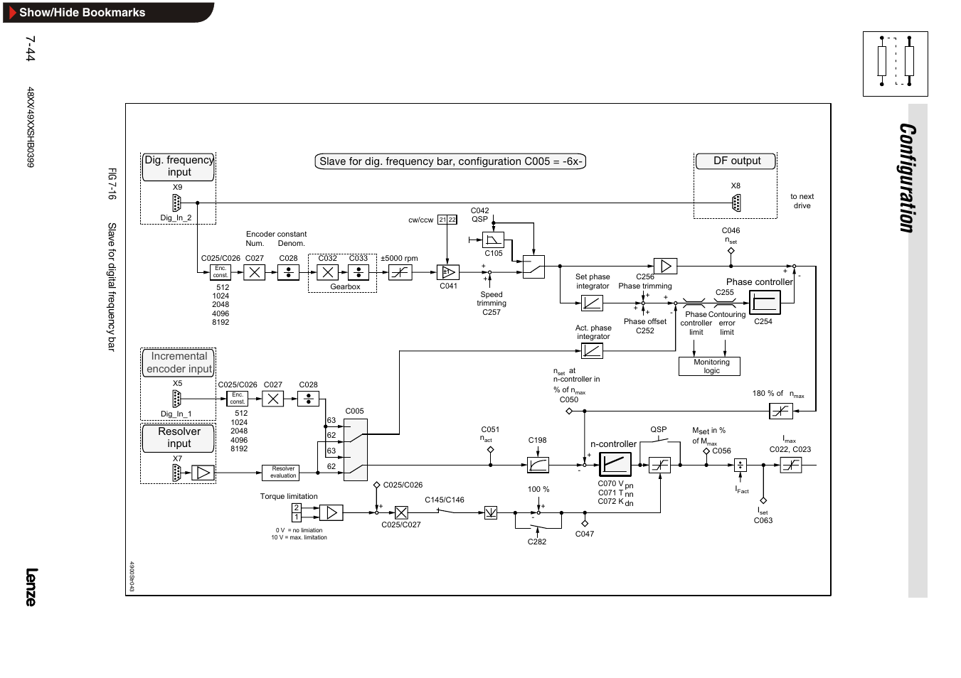 Speed synchronism, Speed-synchrnous running, Speed ratio synchronism | Co nf igur a tio n, Show/hide bookmarks | Lenze EDS4900U-REG User Manual | Page 135 / 342