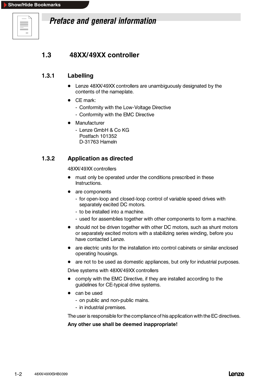 3 48xx/ 49xx controller, 1 labelling, 2 application as directed | 48xx/49xx controller, Labelling, Application as directed, Preface and general information | Lenze EDS4900U-REG User Manual | Page 14 / 342