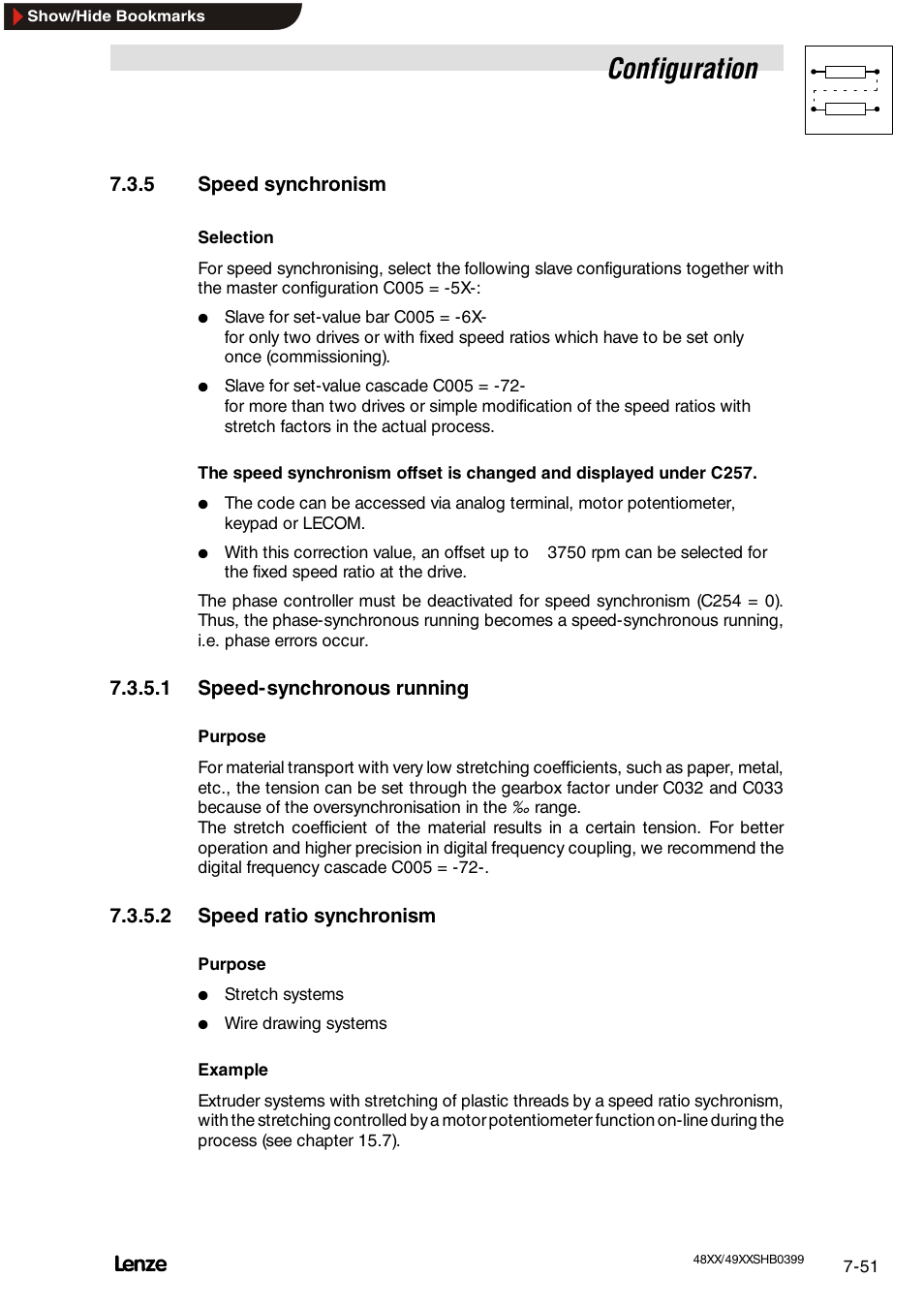 5 speed synchronism, 1 speed-synchronous running, 2 speed ratio synchronism | Configuration | Lenze EDS4900U-REG User Manual | Page 142 / 342