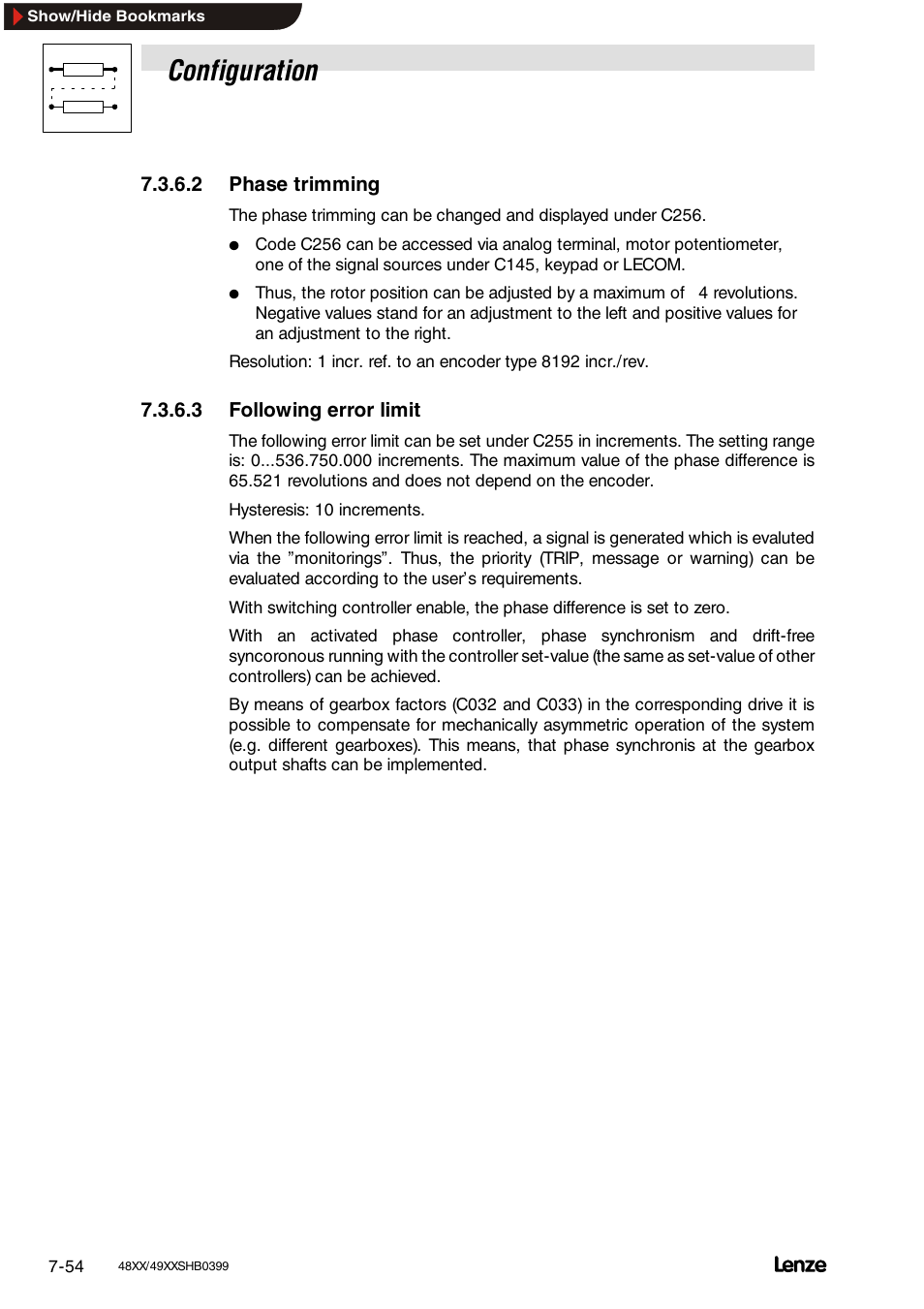 2 phase trimming, 3 following error limit, Standstill excitation (field heating) | Configuration | Lenze EDS4900U-REG User Manual | Page 145 / 342