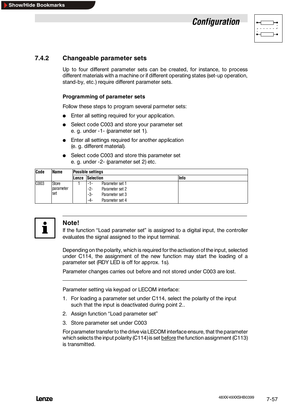 2 changeable parameter sets, Engage brake, Configuration | Lenze EDS4900U-REG User Manual | Page 148 / 342