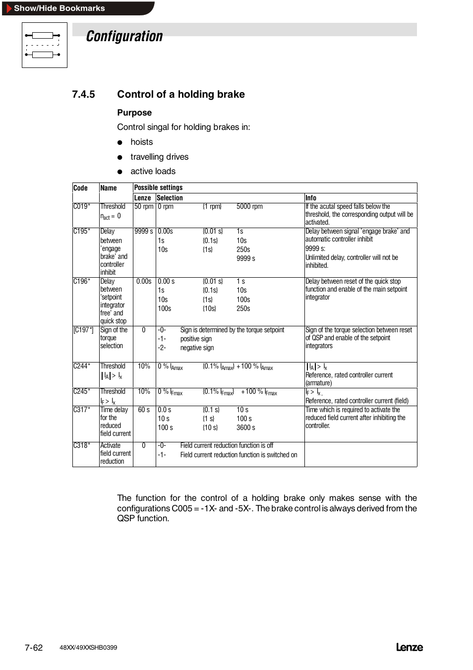 5 control of a holding brake, Configuration | Lenze EDS4900U-REG User Manual | Page 153 / 342