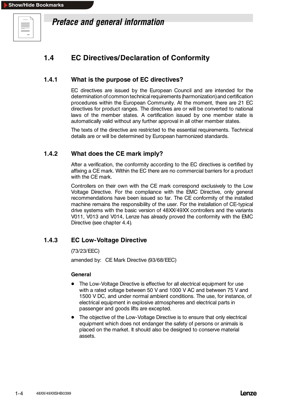 4 ec directives/ declaration of conformity, 1 what is the purpose of ec directives, 2 what does the ce mark imply | 3 ec low-voltage directive, Ec directives/declaration of conformity, What is the purpose of ec directives, What does the ce mark imply, Ec low-voltage directive, Preface and general information, 4 ec directives/declaration of conformity | Lenze EDS4900U-REG User Manual | Page 16 / 342