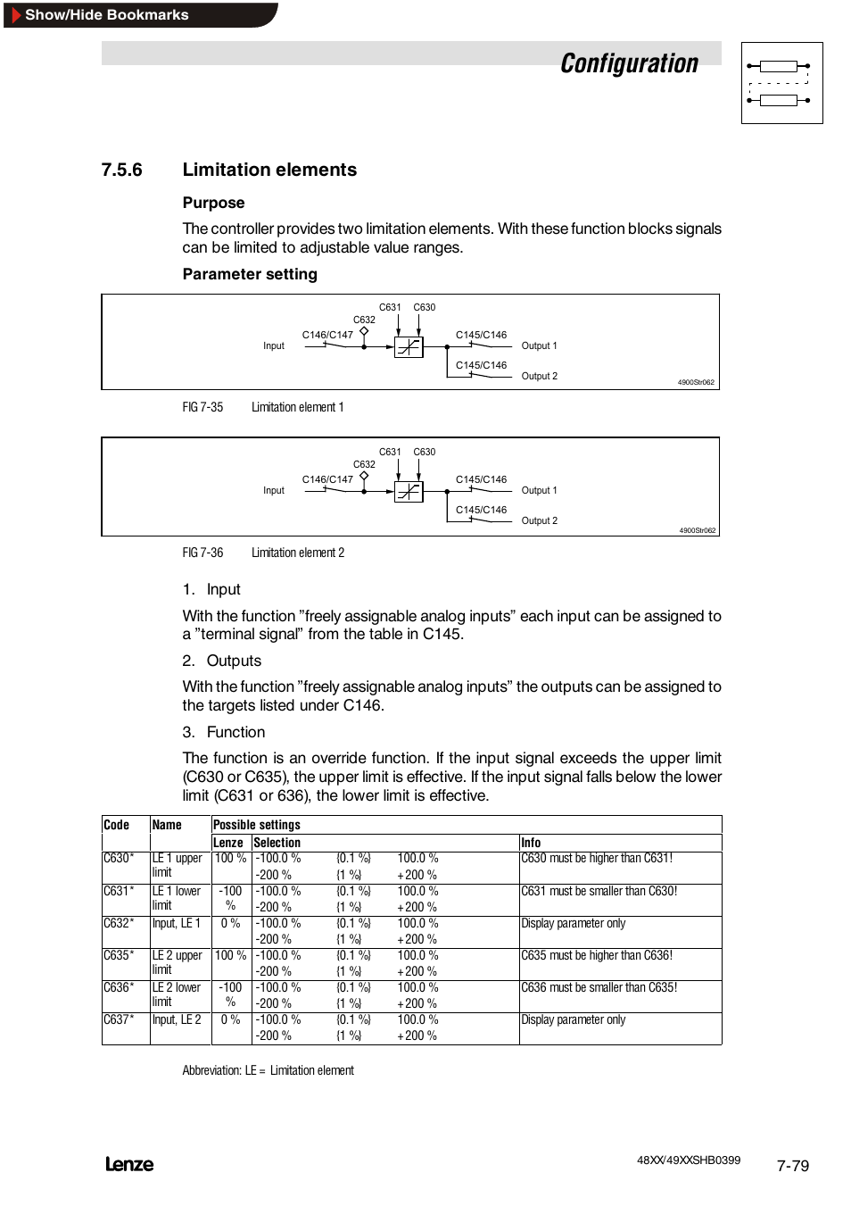 6 limitation elements, Freely assignable comparator, Configuration | Lenze EDS4900U-REG User Manual | Page 170 / 342