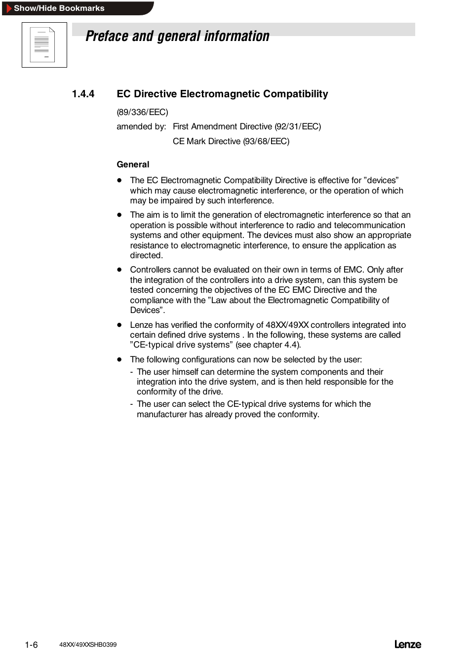 4 ec directive electromagnetic compatibility, Ec directive electromagnetic compatibility, Preface and general information | Lenze EDS4900U-REG User Manual | Page 18 / 342