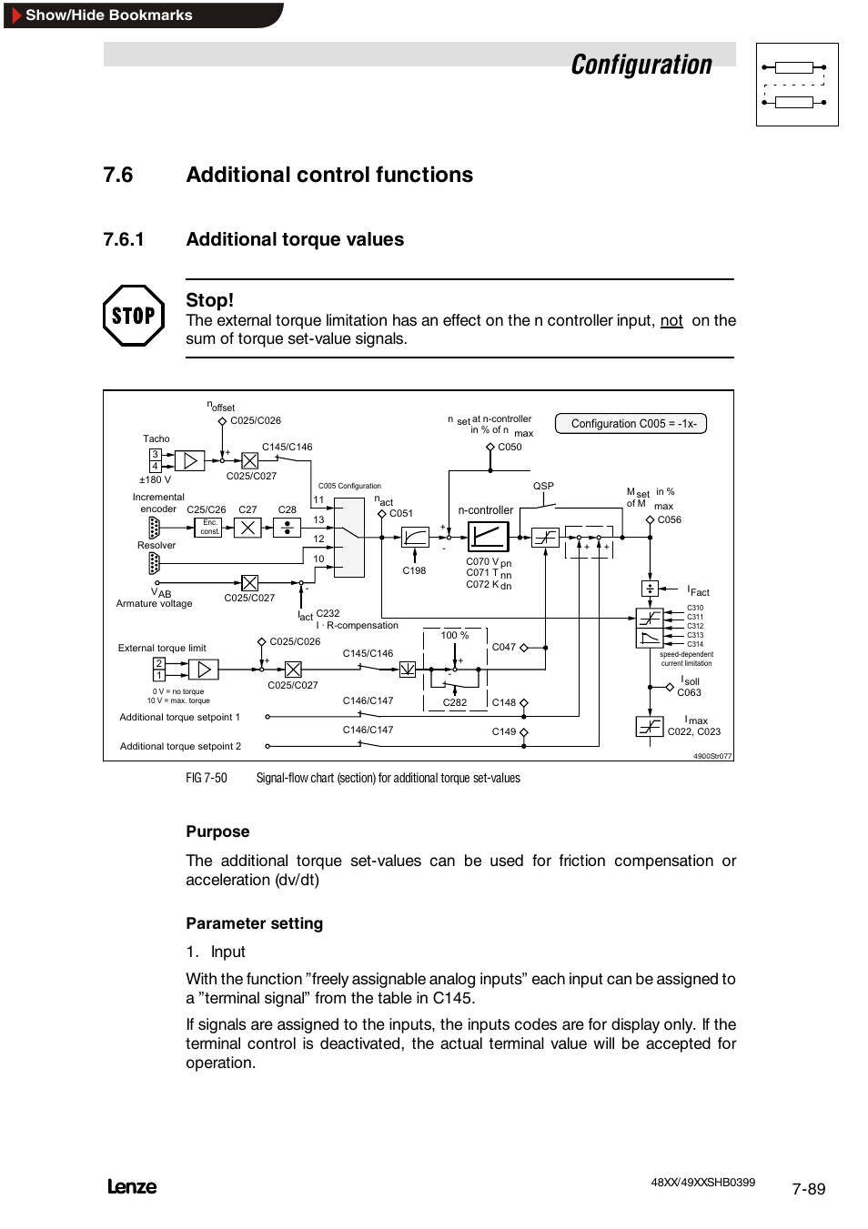 6 additional control functions, 1 additional torque value, Configuration | 1 additional torque values stop, Show/hide bookmarks | Lenze EDS4900U-REG User Manual | Page 180 / 342