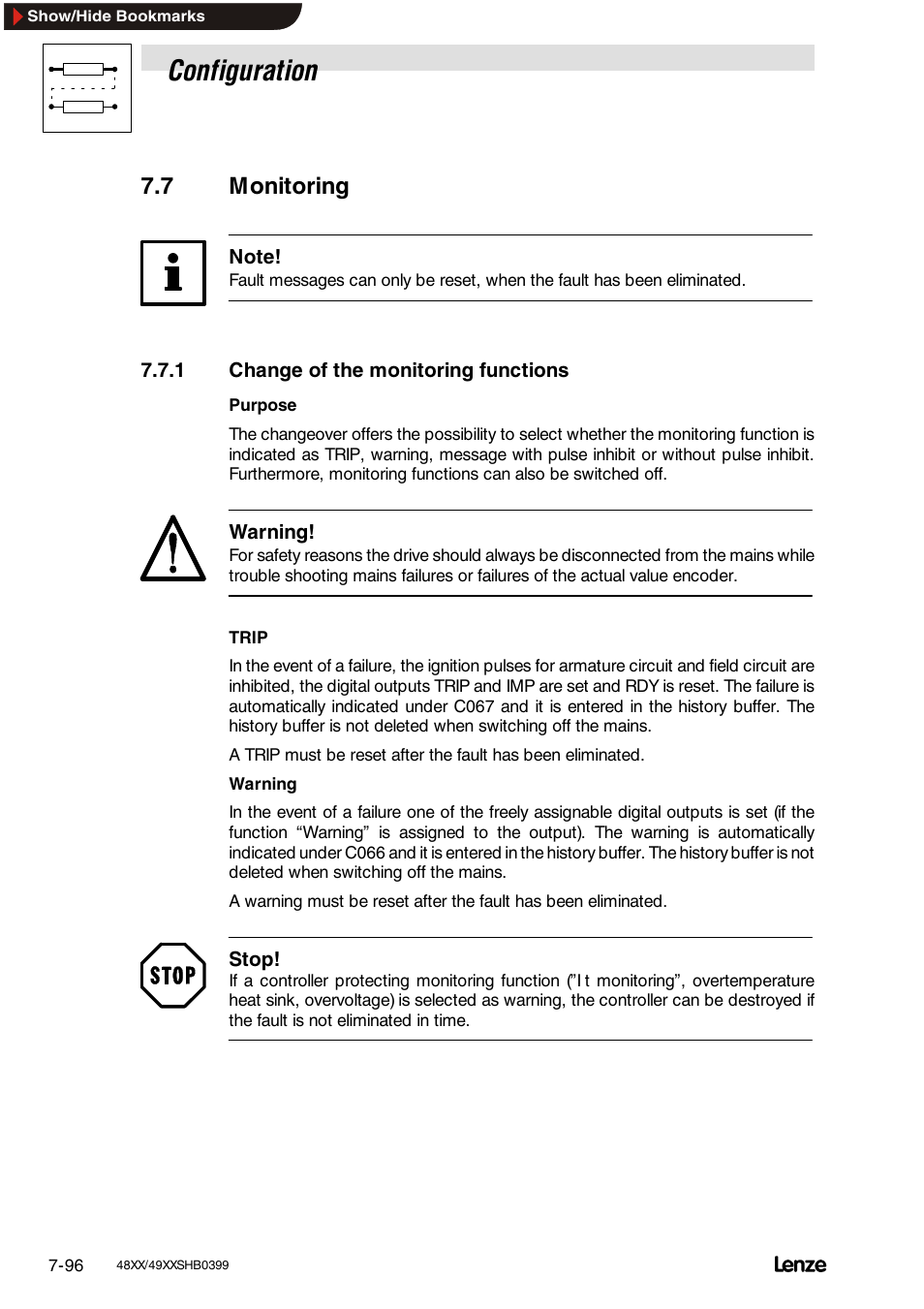 7 monitoring, 1 change of the monitoring functions, Configuration | Lenze EDS4900U-REG User Manual | Page 187 / 342