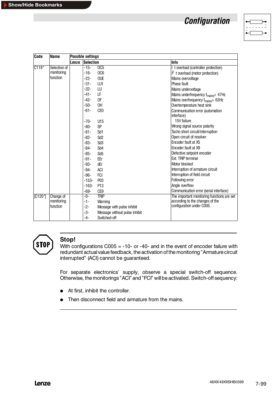 Mains monitoring, Configuration, Stop | Lenze EDS4900U-REG User Manual | Page 190 / 342
