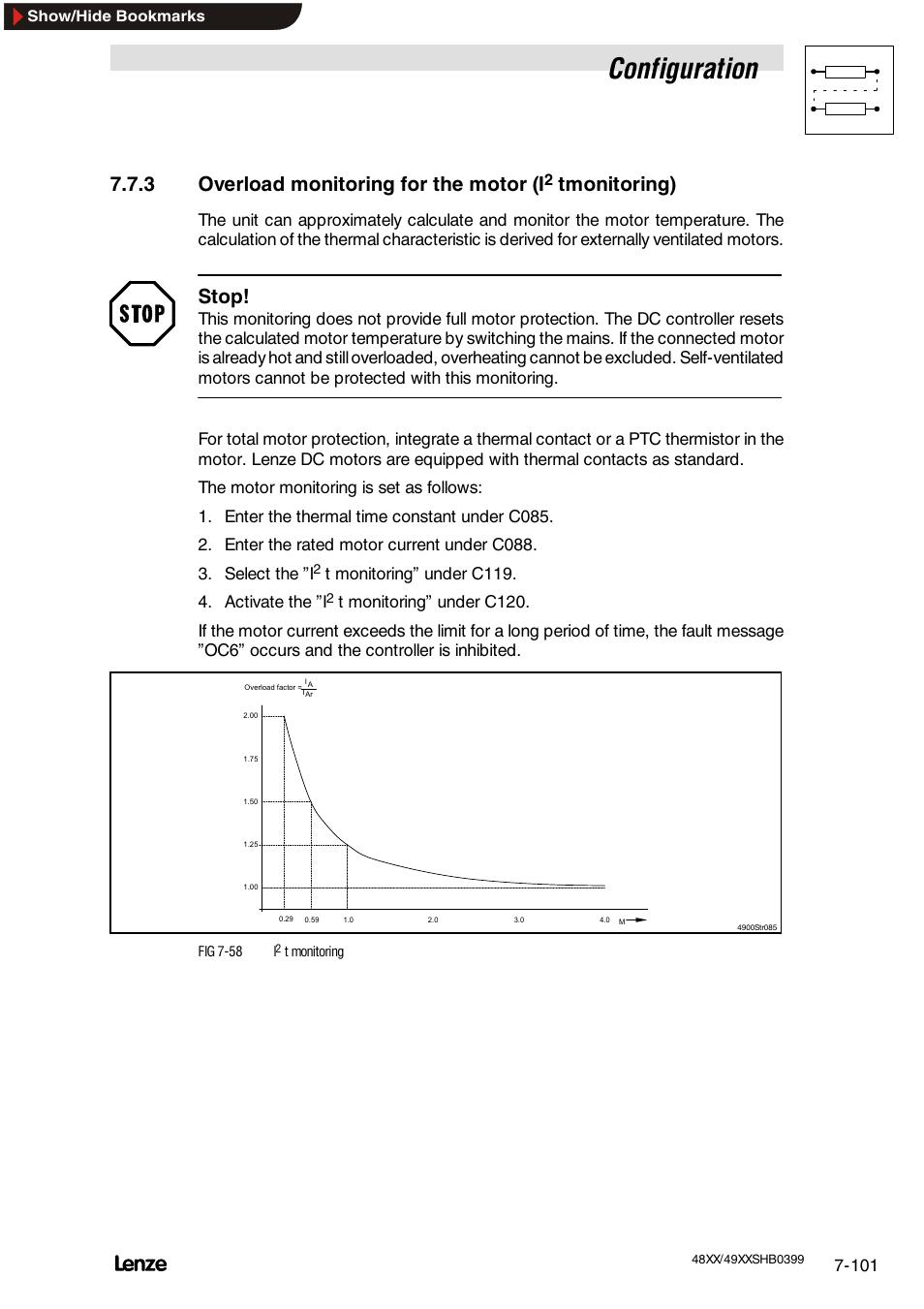 Monitoring of the serial interface, Configuration, 3 overload monitoring for the motor (i | Tmonitoring), Stop, T monitoring” under c119. 4. activate the ”i | Lenze EDS4900U-REG User Manual | Page 192 / 342