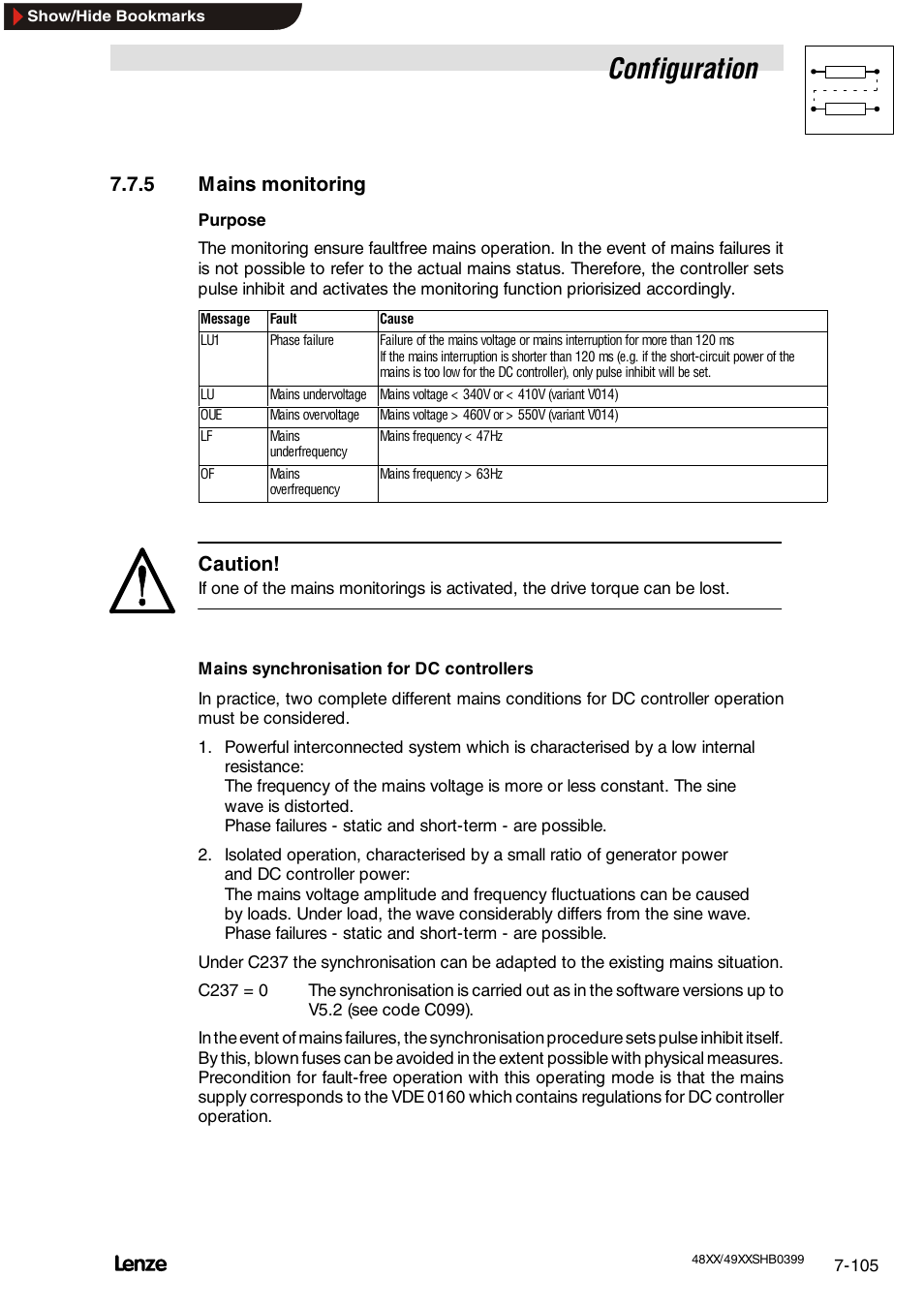 5 mains monitoring, Display functions, Configuration | Caution | Lenze EDS4900U-REG User Manual | Page 196 / 342