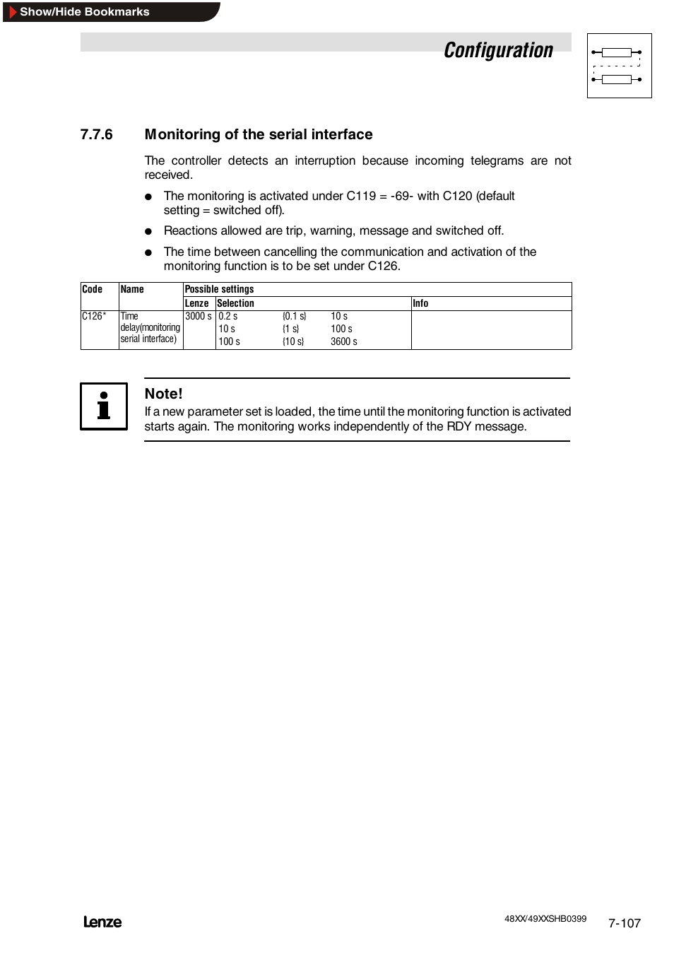 6 monitoring of the serial interface, Code table, Configuration | Lenze EDS4900U-REG User Manual | Page 198 / 342
