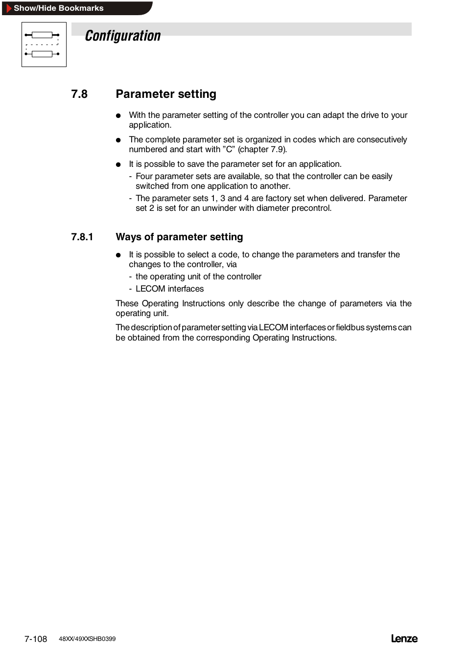 8 parameter setting, 1 ways of parameter setting, Configuration | Lenze EDS4900U-REG User Manual | Page 199 / 342