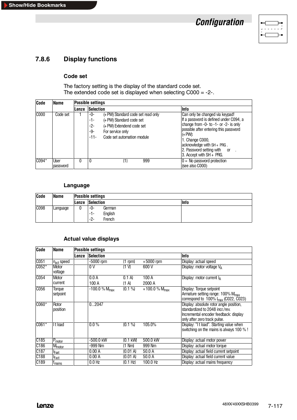 6 display functions, Configuration | Lenze EDS4900U-REG User Manual | Page 208 / 342