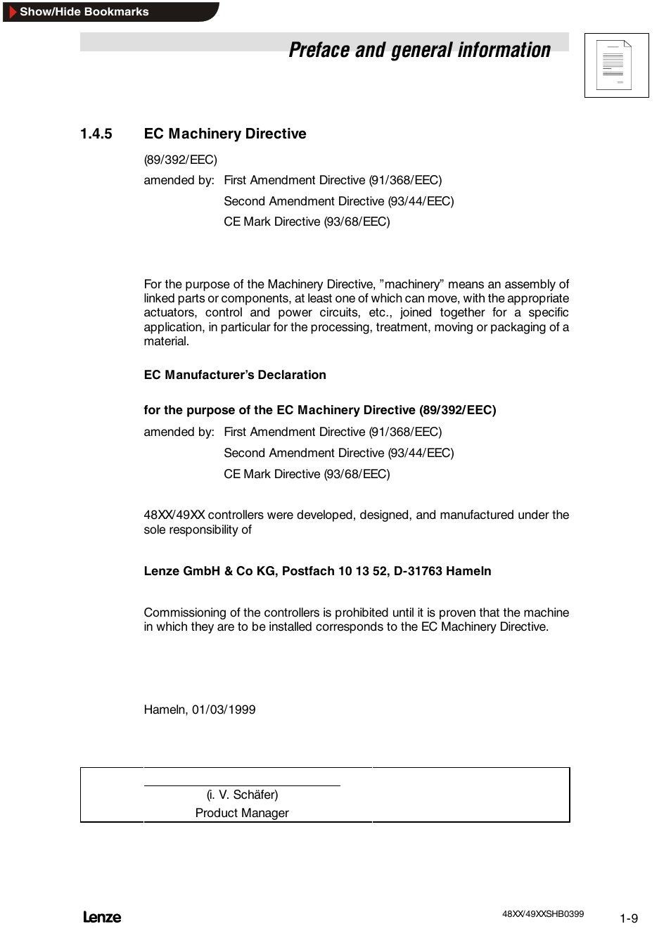5 ec machinery directive, Ec machinery directive, Preface and general information | Lenze EDS4900U-REG User Manual | Page 21 / 342