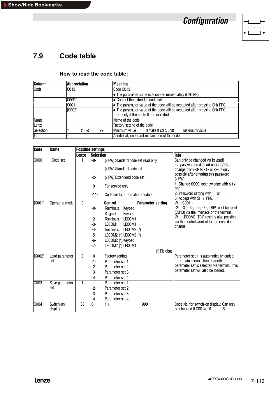 9 code table, Code table, Configuration | Lenze EDS4900U-REG User Manual | Page 210 / 342