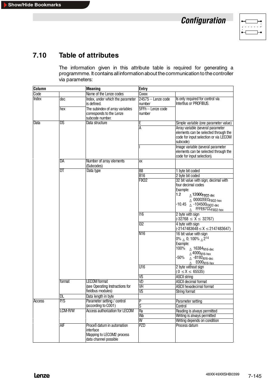 10 table of attributes, Configuration | Lenze EDS4900U-REG User Manual | Page 236 / 342