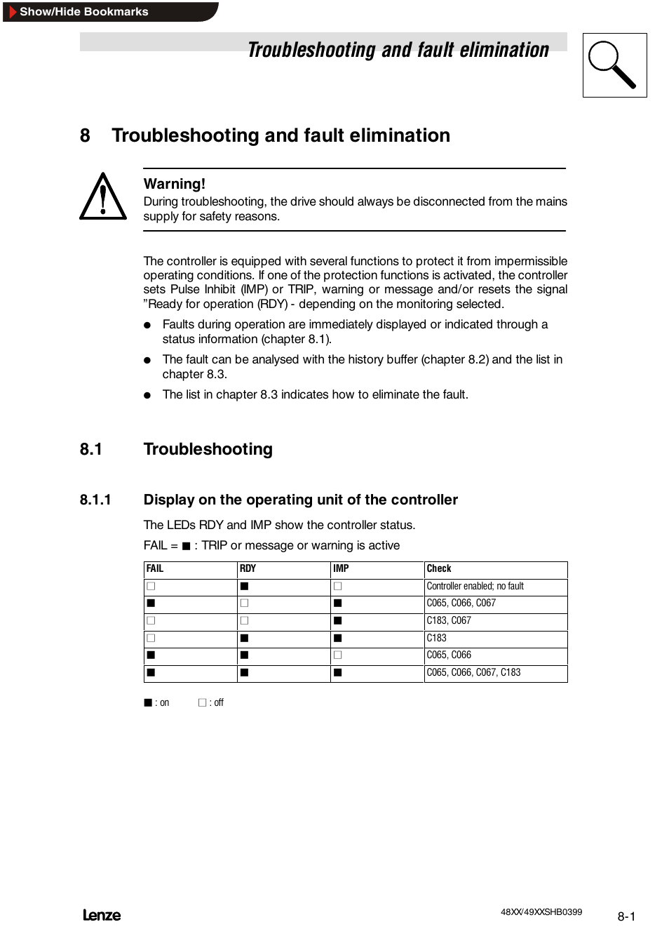 8 troubleshooting and fault elimination, 1 troubleshooting, 1 display on the operating unit of the controller | Troubleshooting and, Fault elimination, Troubleshooting and fault elimination, Troubleshooting, Display on the operating unit of the controller, 8troubleshooting and fault elimination, Warning | Lenze EDS4900U-REG User Manual | Page 246 / 342