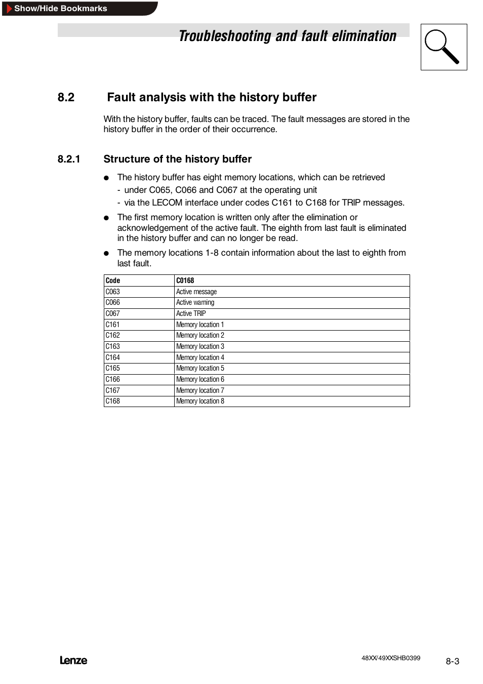 2 fault analysis with the history buffer, 1 structure of the history buffer, Fault analysis with the history buffer | Structure of the history buffer, Troubleshooting and fault elimination | Lenze EDS4900U-REG User Manual | Page 248 / 342
