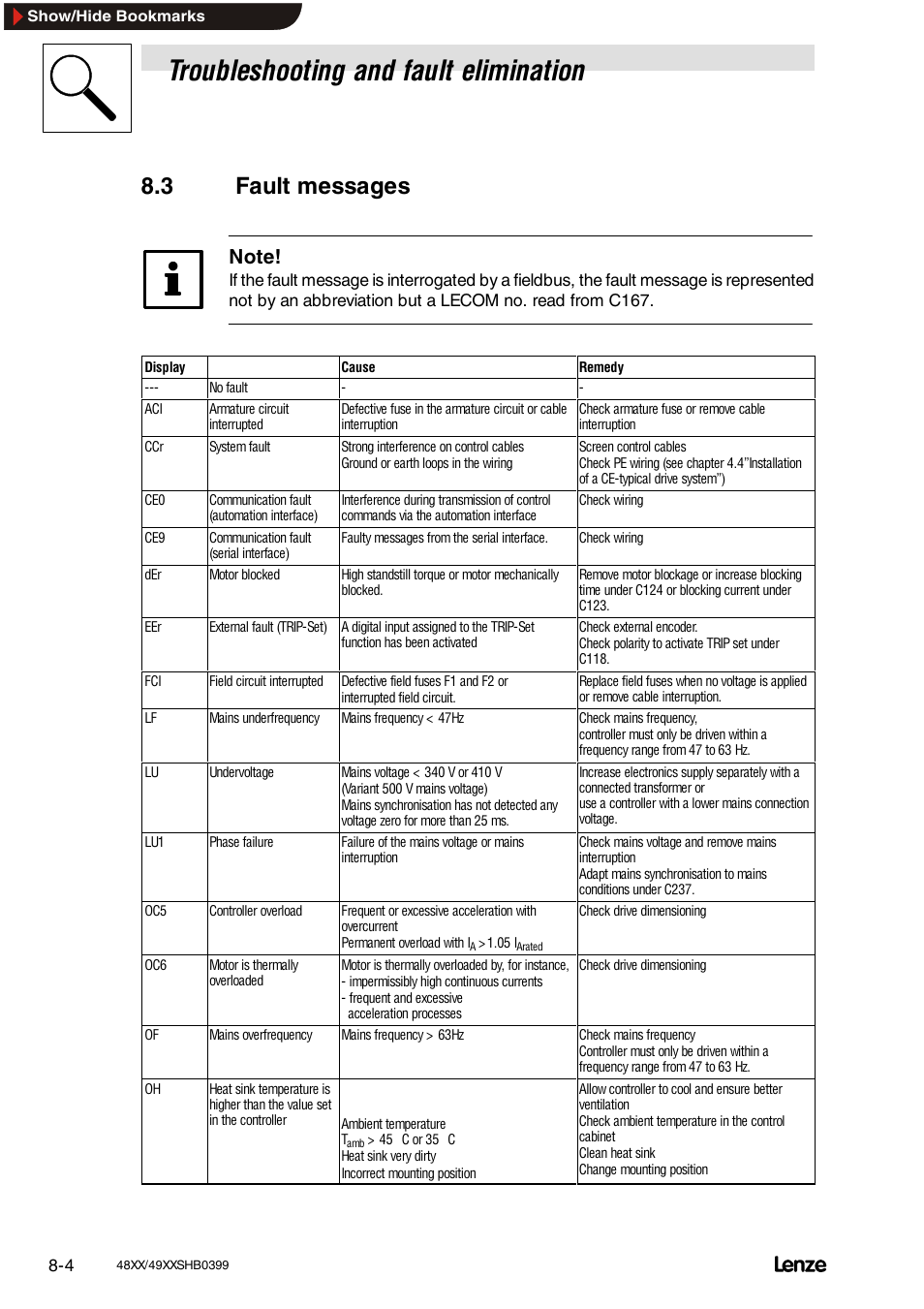 3 fault messages, Fault messages, Troubleshooting and fault elimination | Lenze EDS4900U-REG User Manual | Page 249 / 342