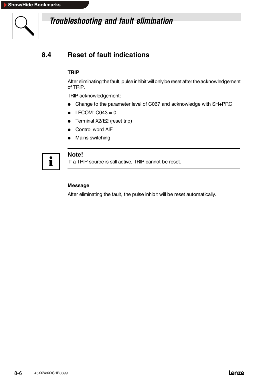 4 reset of fault indications, Reset of fault indications, Troubleshooting and fault elimination | Lenze EDS4900U-REG User Manual | Page 251 / 342