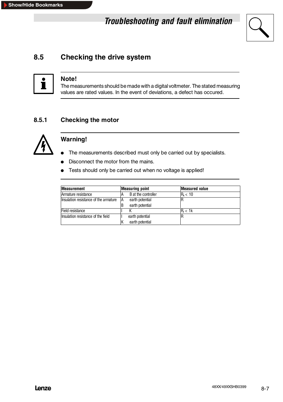 5 checking the drive system, 1 checking the motor, Checking the drive system | Checking the motor, Troubleshooting and fault elimination, 1 checking the motor warning | Lenze EDS4900U-REG User Manual | Page 252 / 342