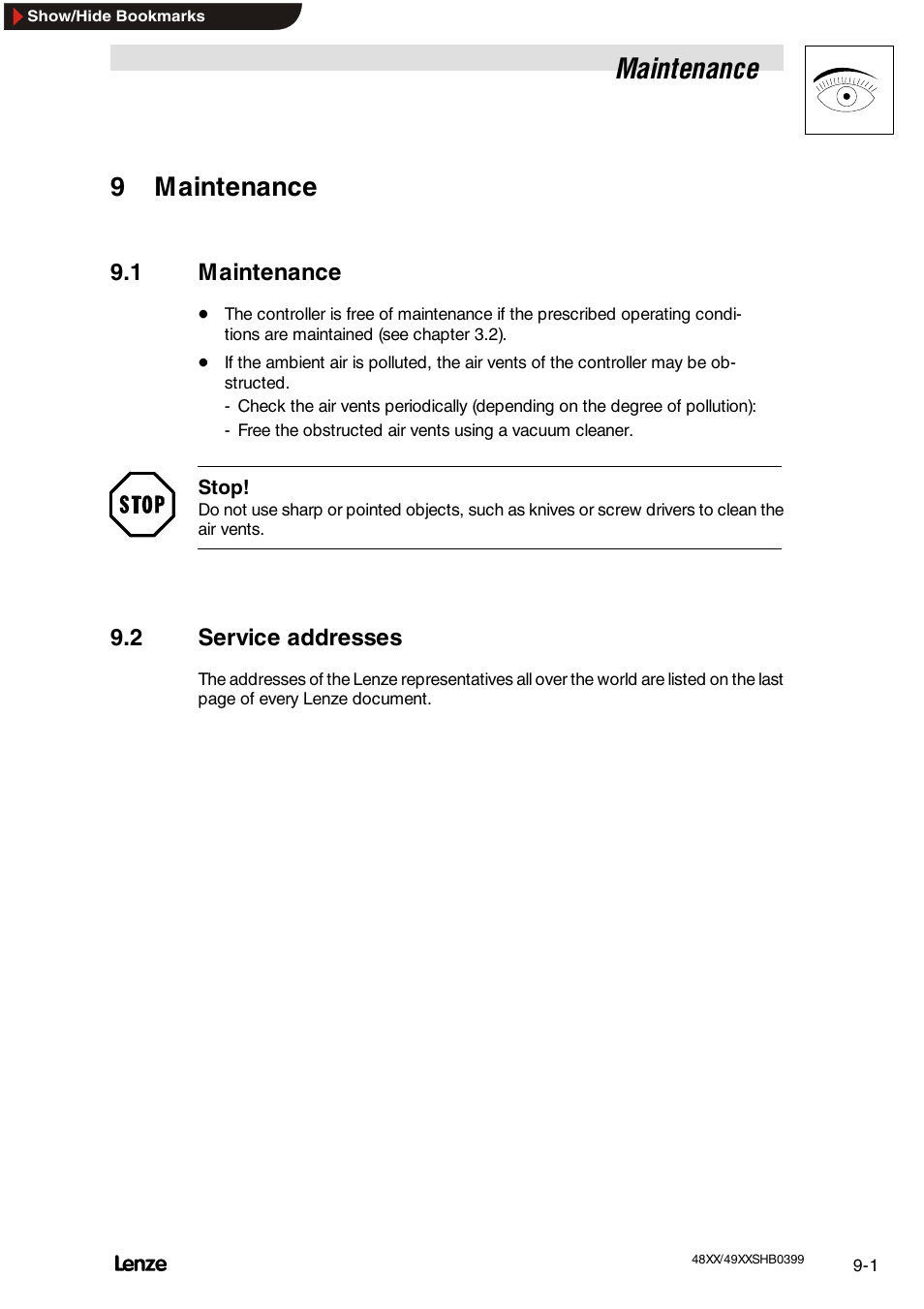9 maintenance, 1 maintenance, 2 service addresses | Maintenance, Service addresses, 9maintenance | Lenze EDS4900U-REG User Manual | Page 254 / 342