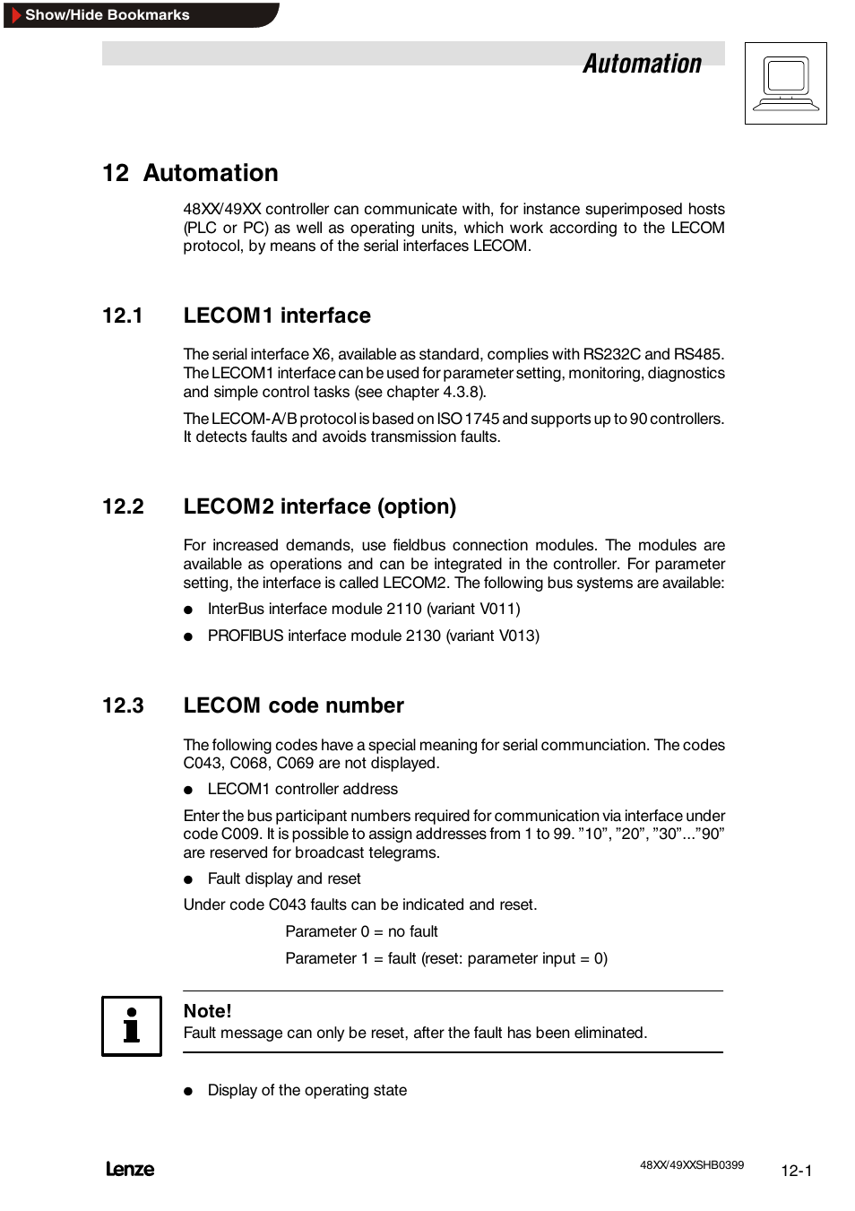 12 automation, 1 lecom1 interface, 2 lecom2 interface (option) | 3 lecom code number, Automation, Lecom1 interface, Lecom2 interface (option), Lecom code number | Lenze EDS4900U-REG User Manual | Page 261 / 342