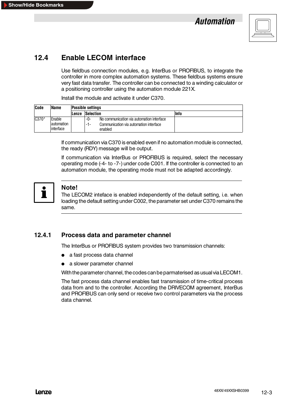 4 enable lecom interface, 1 process data and parameter channel, Enable lecom interface | Process data and parameter channel, Automation | Lenze EDS4900U-REG User Manual | Page 263 / 342