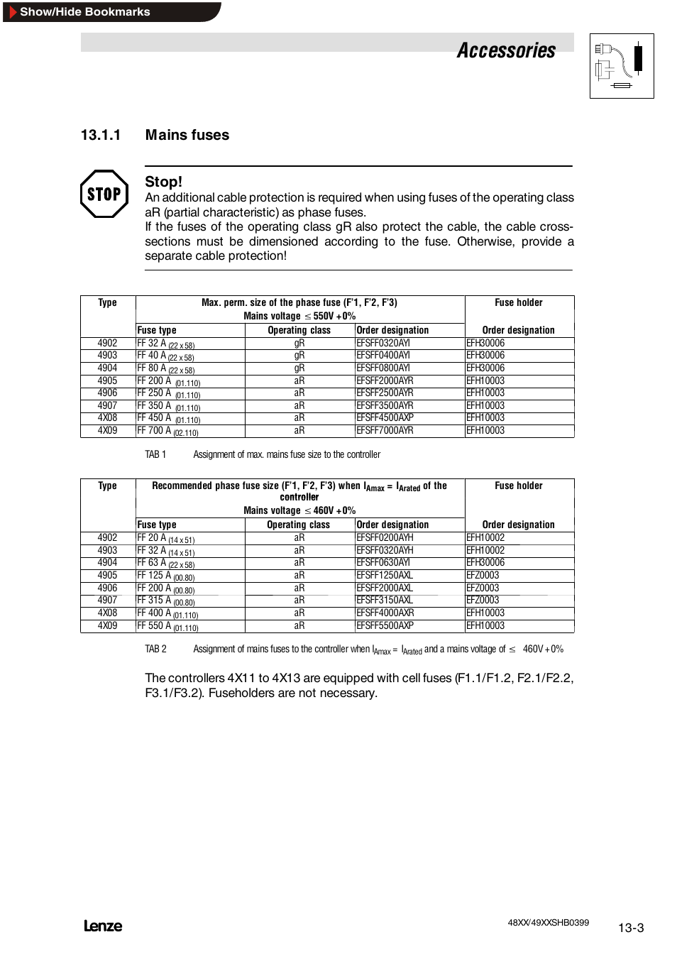 1 mains fuses, Mains fuses, Accessories | 1 mains fuses stop | Lenze EDS4900U-REG User Manual | Page 273 / 342