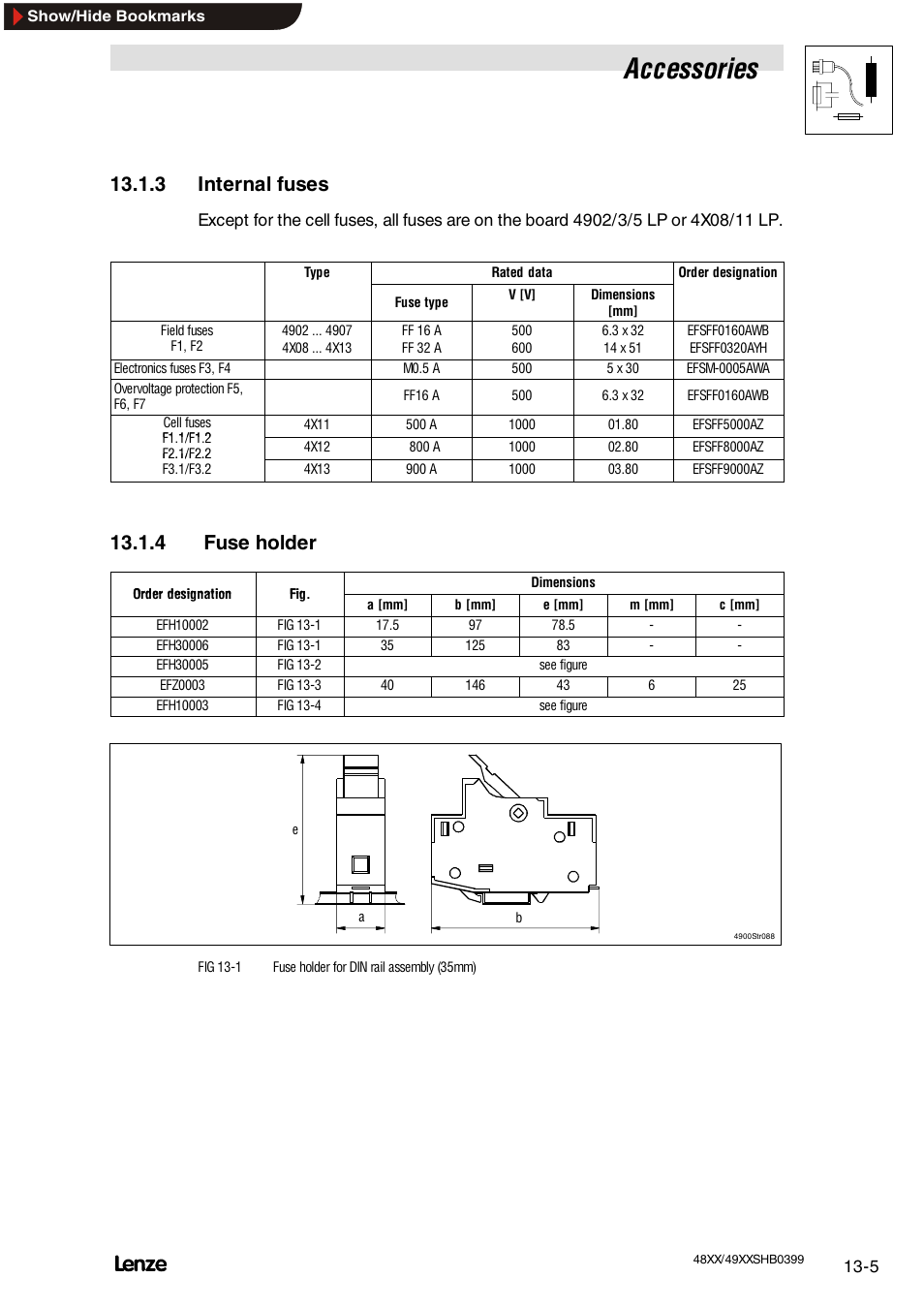 3 internal fuses, 4 fuse holder, Internal fuses | Fuse holder, Accessories | Lenze EDS4900U-REG User Manual | Page 275 / 342
