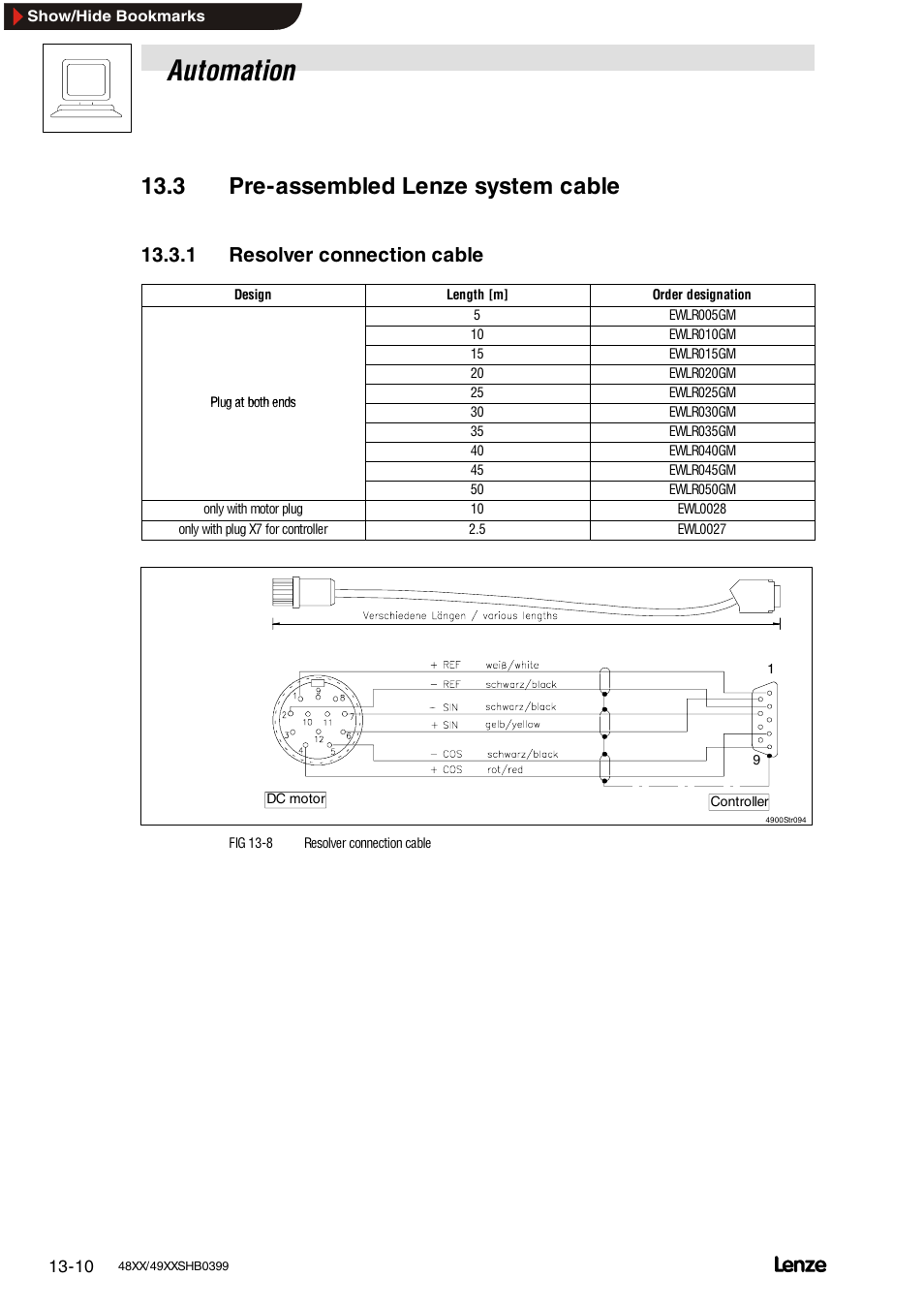 3 pre-assembled lenze system cable, 1 resolver connection cable, Pre-assembled lenze system cable | Resolver connection cable, Automation | Lenze EDS4900U-REG User Manual | Page 280 / 342